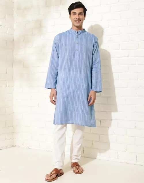 Blue Cotton Hand Block Printed Long Kurta