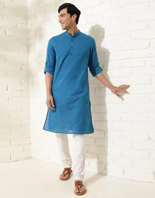 Blue Cotton Hand Block Printed Slim Fit Long Kurta