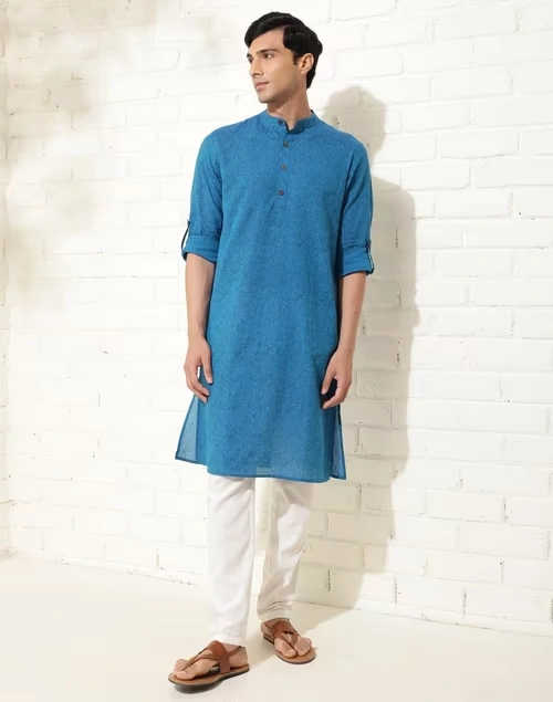 Blue Cotton Hand Block Printed Slim Fit Long Kurta