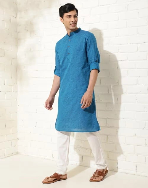 Blue Cotton Hand Block Printed Slim Fit Long Kurta 3 Blue Cotton Hand Block Printed Slim Fit Long Kurta