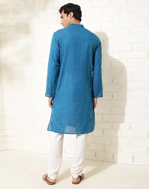 Blue Cotton Hand Block Printed Slim Fit Long Kurta 4 Blue Cotton Hand Block Printed Slim Fit Long Kurta