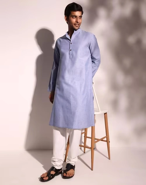Blue Cotton Comfort Fit Long Kurta
