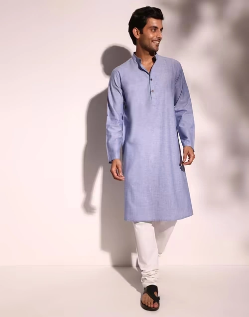 Blue Cotton Comfort Fit Long Kurta