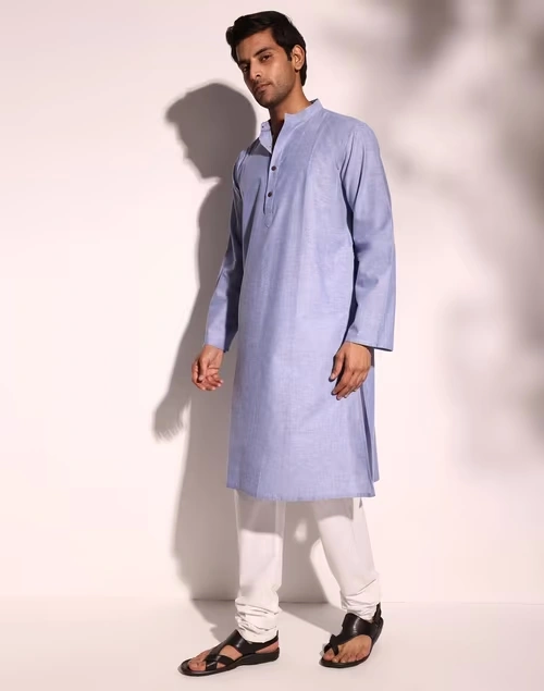 Blue Cotton Comfort Fit Long Kurta 3 Blue Cotton Comfort Fit Long Kurta