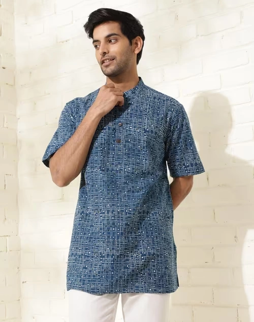 Blue Cotton Ajrakh Printed Short kurta