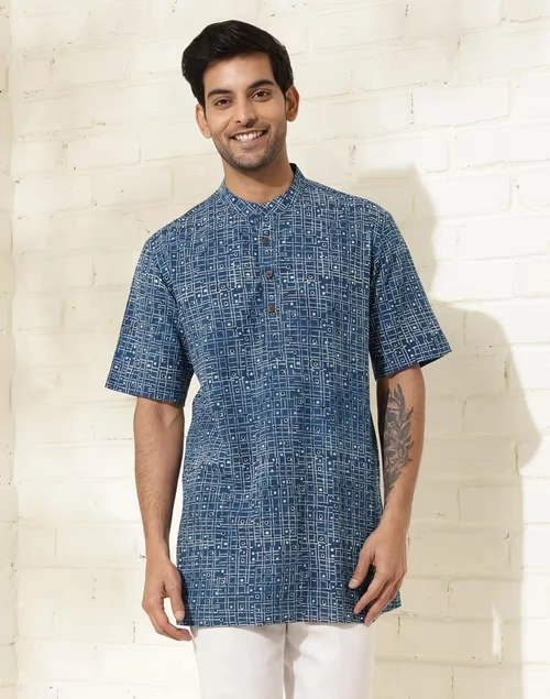 Blue Cotton Ajrakh Printed Short kurta