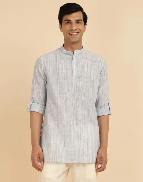 Blue Cotton Woven Short Kurta