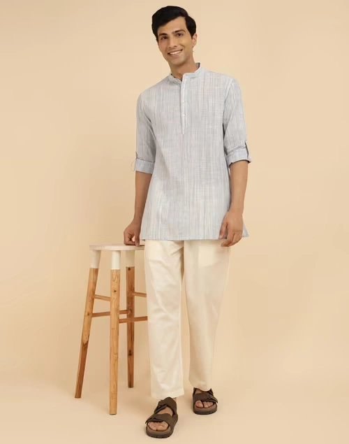 Blue Cotton Woven Short Kurta