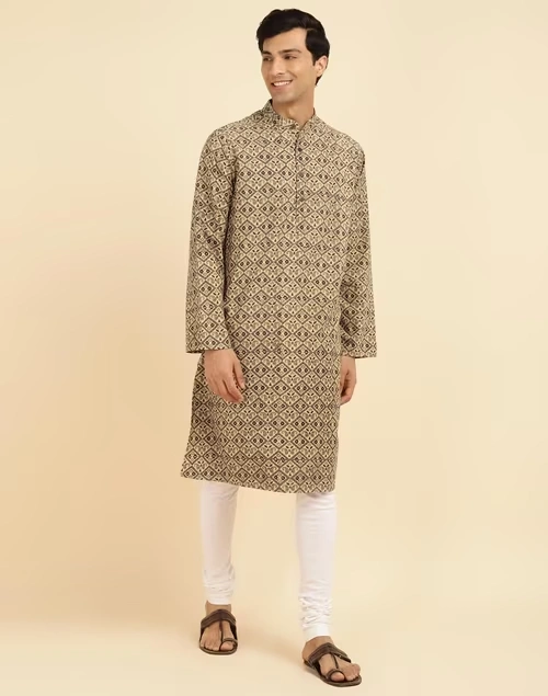 Beige Cotton Ajrakh Printed Long Kurta