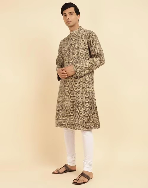 Beige Cotton Ajrakh Printed Long Kurta
