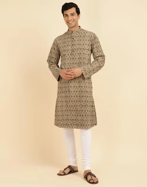 Beige Cotton Ajrakh Printed Long Kurta 3 Beige Cotton Ajrakh Printed Long Kurta
