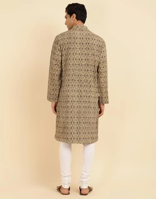 Beige Cotton Ajrakh Printed Long Kurta 4 Beige Cotton Ajrakh Printed Long Kurta
