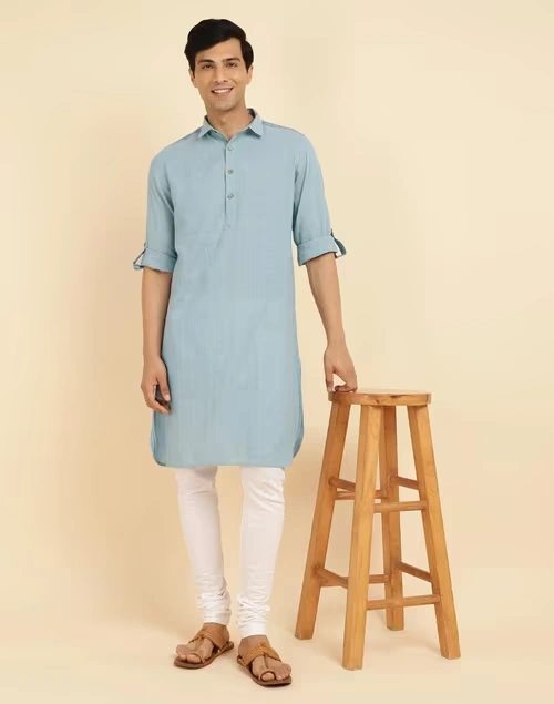 Blue Cotton Woven Pathani