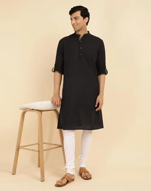 Black Cotton Woven Long Kurta
