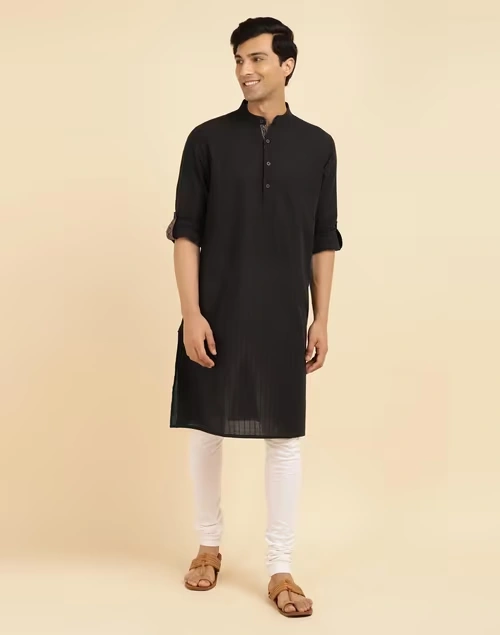 Black Cotton Woven Long Kurta