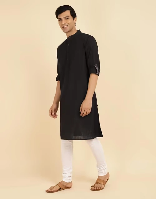 Black Cotton Woven Long Kurta