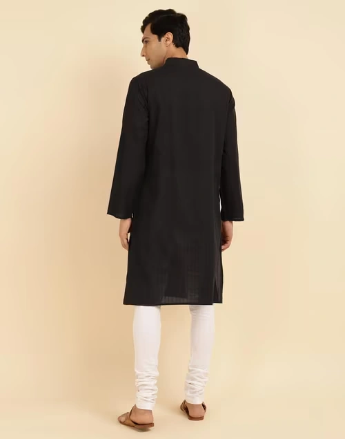 Black Cotton Woven Long Kurta