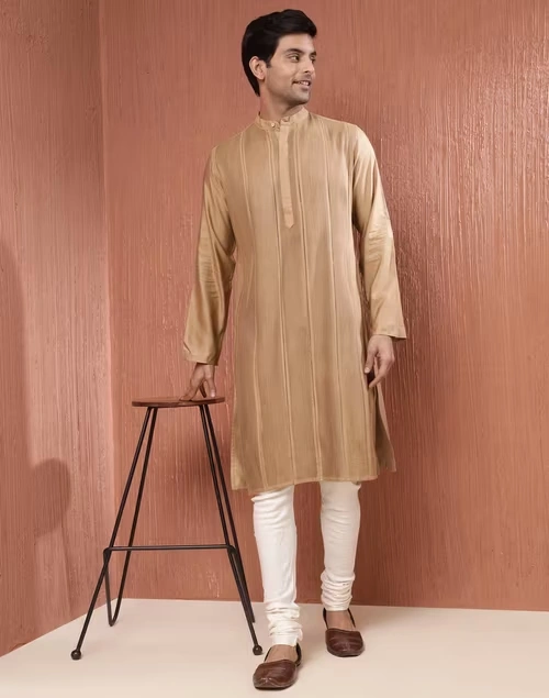 Beige Viscose Silk Pintucks Long Kurta