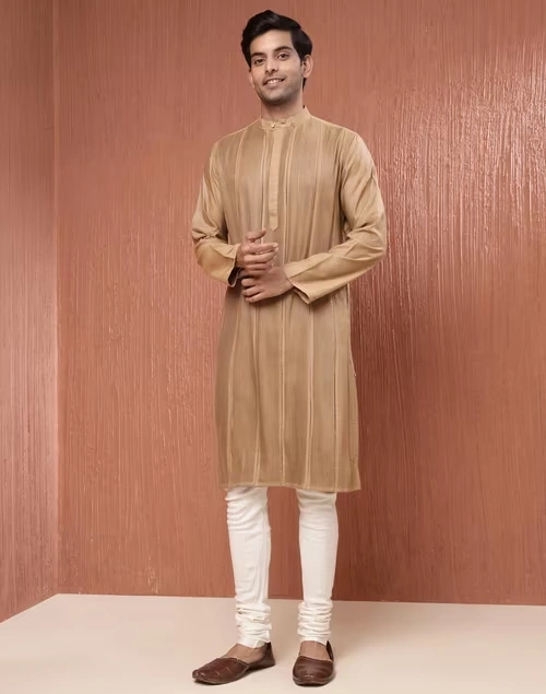 Beige Viscose Silk Pintucks Long Kurta