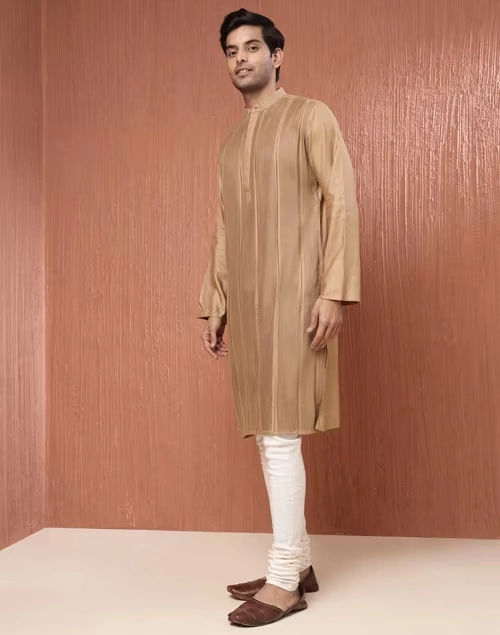 Beige Viscose Silk Pintucks Long Kurta