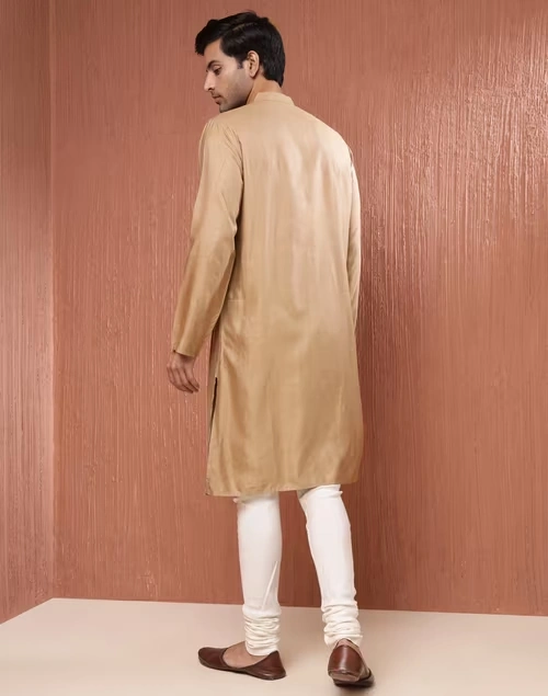 Beige Viscose Silk Pintucks Long Kurta