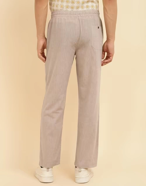 Beige Cotton Woven Drawstring Pants