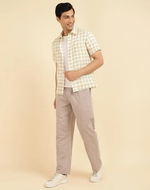 Beige Cotton Woven Drawstring Pants
