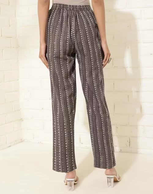 Brown Cotton Printed Casual Tapered Pant