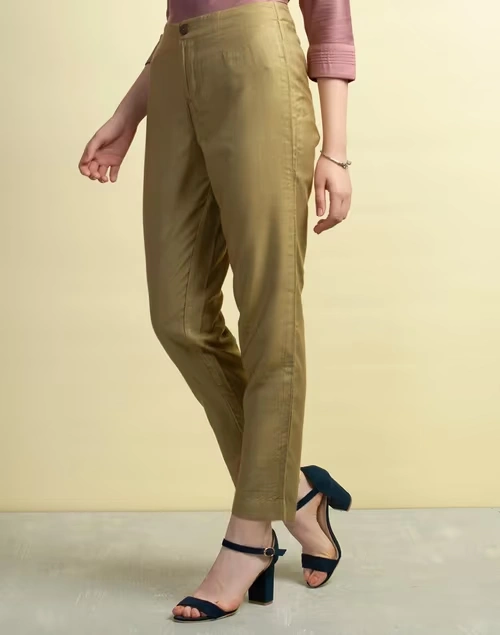 Beige Viscose Silk Slim Fit Formal Kosi Pant