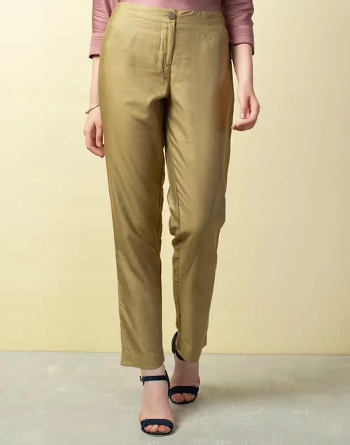 Beige Viscose Silk Slim Fit Formal Kosi Pant