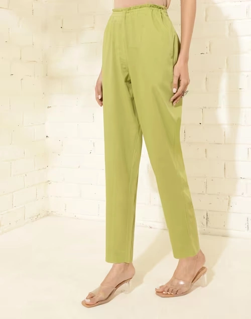 Green Cotton Full Length Ethnic Casual Pant
