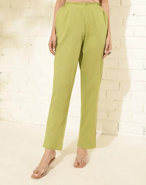 Green Cotton Full Length Ethnic Casual Pant