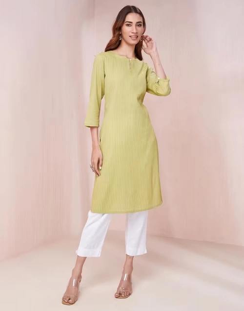 Green Cotton Slim Fit Knee Length Kurta
