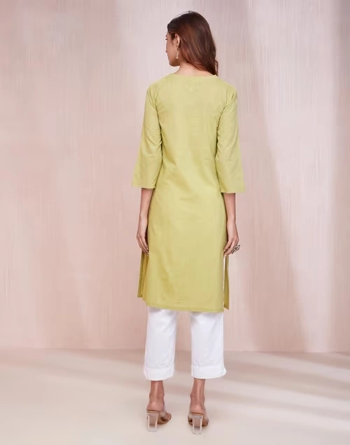 Green Cotton Slim Fit Knee Length Kurta