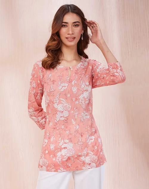 Pink Cotton Hand Block Printed Slim Fit Short Kurta