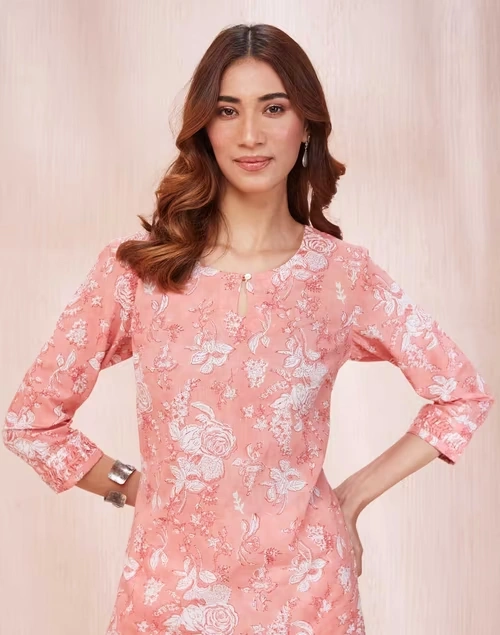 Pink Cotton Hand Block Printed Slim Fit Short Kurta