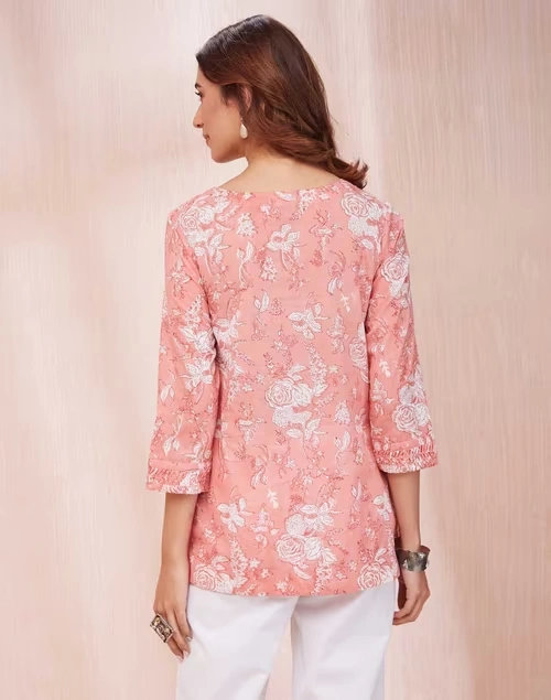 Pink Cotton Hand Block Printed Slim Fit Short Kurta 4 Pink Cotton Hand Block Printed Slim Fit Short Kurta