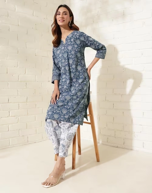 Indigo Cotton Hand Block Printed Knee Length kurta