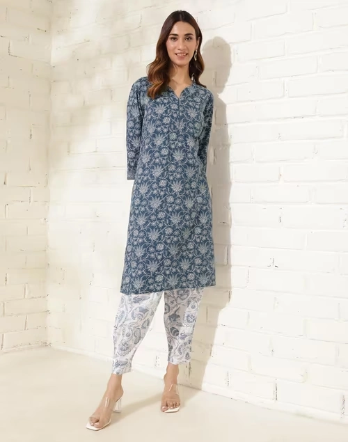 Indigo Cotton Hand Block Printed Knee Length kurta