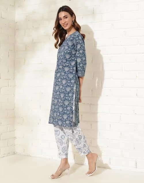 Indigo Cotton Hand Block Printed Knee Length kurta 3 Indigo Cotton Hand Block Printed Knee Length kurta