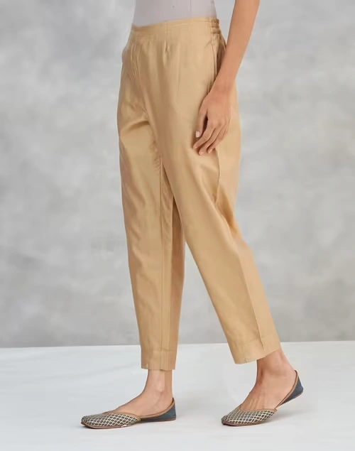 Beige Cotton Silk Ethnic Casual Pant