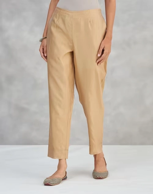 Beige Cotton Silk Ethnic Casual Pant
