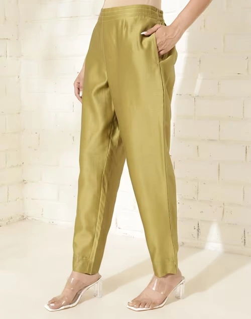 Green Cotton Silk Full Length Ethnic Casual Pant
