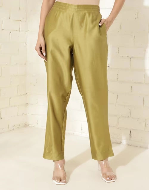 Green Cotton Silk Full Length Ethnic Casual Pant