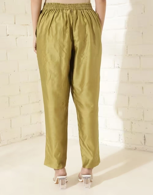 Green Cotton Silk Full Length Ethnic Casual Pant
