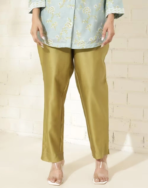Green Cotton Silk Full Length Ethnic Casual Pant