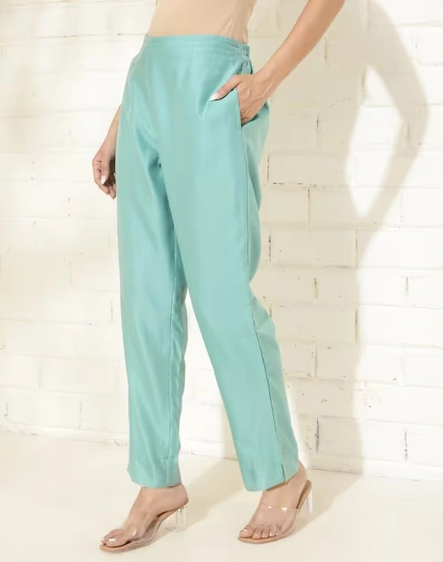 Blue Cotton Silk Full Length Ethnic Casual Pant