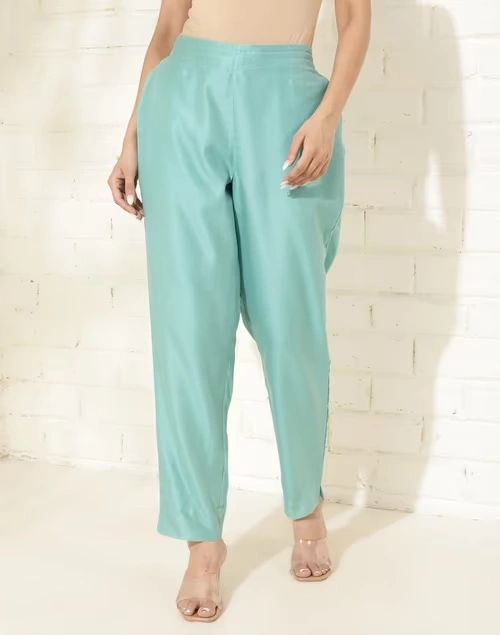 Blue Cotton Silk Full Length Ethnic Casual Pant