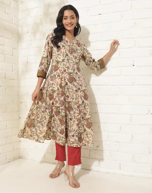 Beige Cotton Hand Block Printed Slim Fit Long Kurta