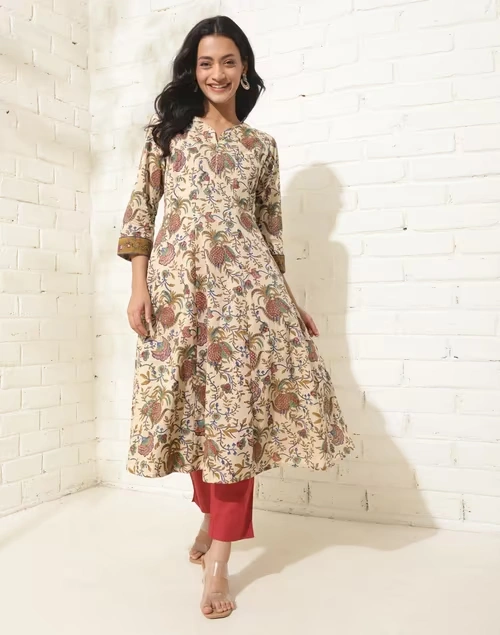 Beige Cotton Hand Block Printed Slim Fit Long Kurta